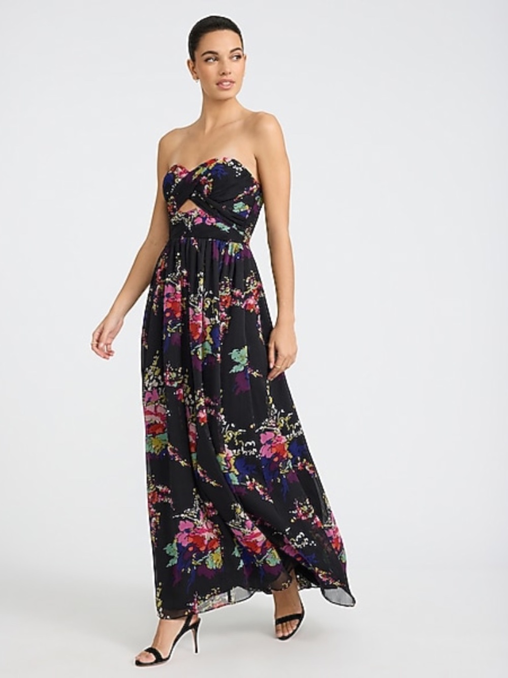 Floral Strapless Twist Front Smocked Back Cutout Maxi Dress with Pockets NWT